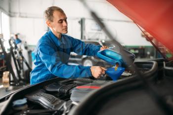 Technician pours new oil into the car engine. Vehicle engine maintenance, auto-service