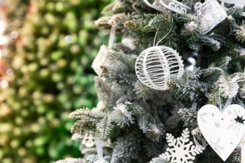 Xmas tree with decor closeup, new year decoration. Winter holiday celebration