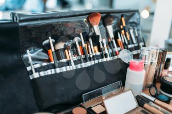 Professional makeup artist cosmetics tools, closeup. Collection of cosmetology accessories