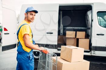 Male courier in uniform works with cargo, back view. Truck with parcels on background. Distribution business. Cargo delivery. Empty, clear container