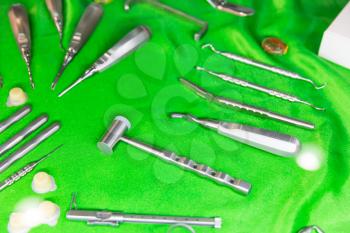 Medicine equipment, dental instrument and tools macro view. Dentist cabinet, stomatology. Tooth care, mouth hygiene