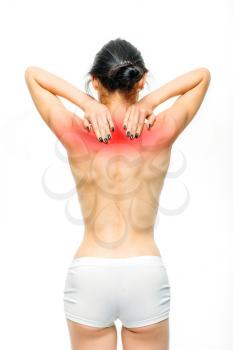 Joint pain, woman have problem with neck, white background. Female person in white lingerie, back view, medical advertising or concept