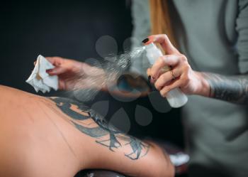 Female tattoo master sprays the freezing on clients skin, professional tools. Tattooing in salon