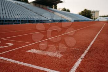 Start line for running on stadium, nobody, front view. Empty treadmill with numbers, injury-proof coating, jogging surface on sport arena