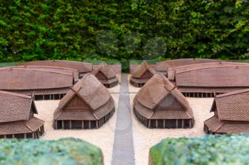Viking settlement miniature outdoor, europe. Ancient european village, medieval Scandinavia, traditional scandinavian architecture, diorama