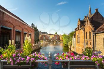Flower bed, river canal in old tourist town on background, Europe. Ancient european city, famous place for travel and tourism, traditional architecture