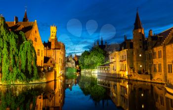 Belgium, Brugge, ancient European town with river channels, night view. Tourism and travel, famous europe landmark, popular places, West Flanders