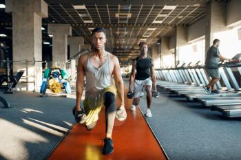 Two male persons doing exercise with dumbbells, training in gym. Fit workout in sport club, healthy lifestyle, fitness
