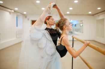 Teacher rehearsing with young ballerina at the barre in class. Ballet school, female dancers on choreography lesson, girls practicing grace dance