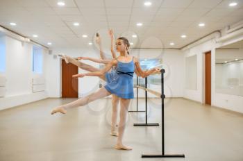 Three young ballerinas rehearsing at the barre in class. Ballet school, female dancers on choreography lesson, girls practicing grace dance