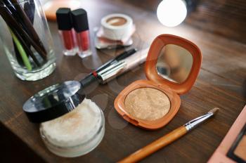Makeup cosmetic set on the table closeup, nobody. Make-up products, beauty and skin care tools, professional cosmetology, fashion
