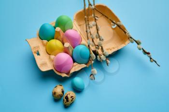 Colorful easter eggs in box on blue background. Paschal food, event decoration, spring holiday celebration symbol