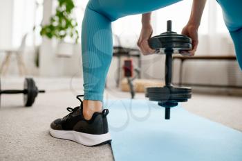 Girl doing exercise with dumbbell, online fitness training at the laptop. Female person in sportswear, internet sport workout, room interior on background