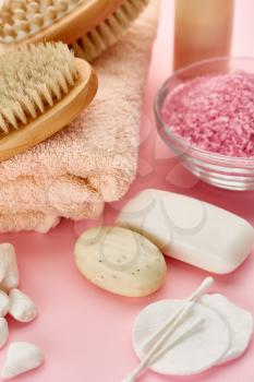 Body care products, pink background. Healthcare procedures concept, hygiene cosmetic, healthy lifestyle, spa