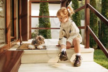 Kid with funny dog are sitting on the stairs in country house. Child with puppy poses on backyard. Little girl and her pet having fun on playground outdoors, happy childhood