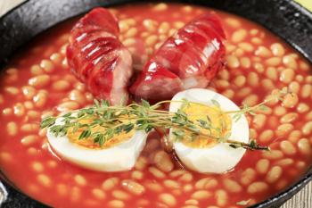 Baked beans and sausage in a fry pan