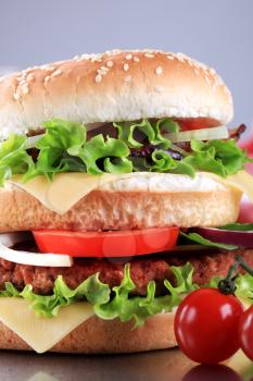 Detail of double hamburger with cheese, tomato and onion