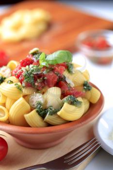 Macaroni with capers, crushed tomatoes and pesto