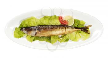 Overhead view of smoked mackerel on a platter