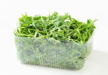 Arugula leaves in plastic container