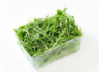 Arugula leaves in plastic container