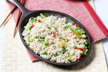 Fried rice in a black skillet - overhead