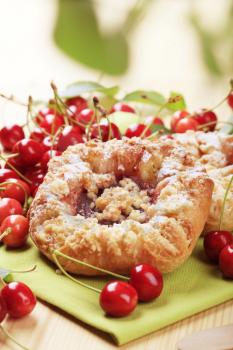 Danish pastry and fresh cherries - detail