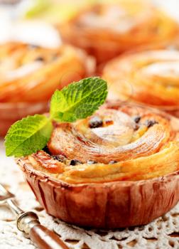 Closeup of freshly baked pain au raisins