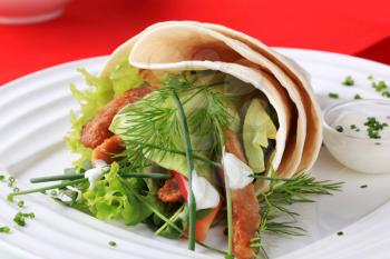 Vegetarian wrap sandwich with strips of soy meat