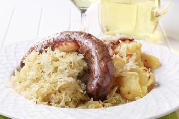 Blood sausage, sauerkraut and potatoes - closeup