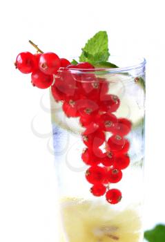 Glass of iced drink with lime and red currant