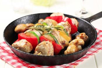 Chicken shish kebabs and mushrooms in a pan 