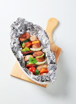 Pork Shish kebabs in aluminum foil