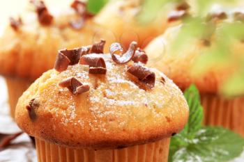 Tasty muffins topped with chocolate shavings