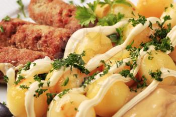 Cevapcici with potatoes, mayonnaise and mustard - detail