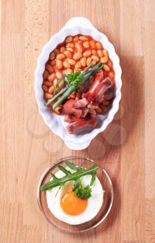 English breakfast of baked beans, sausages and fried egg 