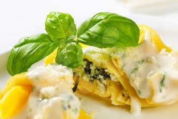Spinach and ricotta stuffed pasta served with white cream sauce and grated Parmigiano