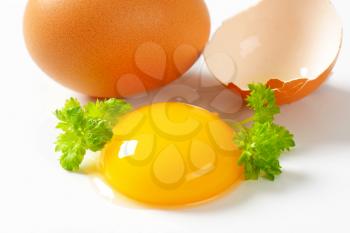 Fresh yolk, whole brown egg and eggshell