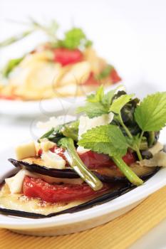 Grilled aubergine and tomato sprinkled with cheese