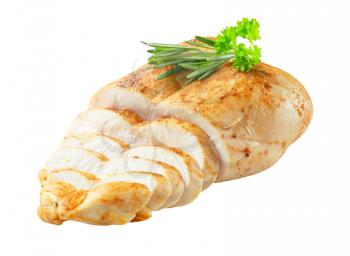 Sliced garlic-rubbed chicken breast  isolated on white