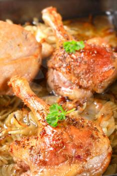 Detail of roast duck legs with caraway and onion