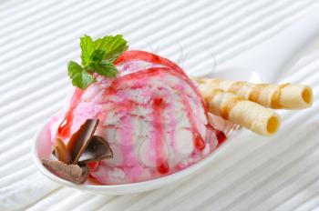 Scoop of raspberry yogurt ice cream on porcelain spoon