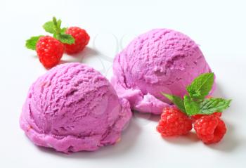 Scoops of purple ice cream and fresh raspberries