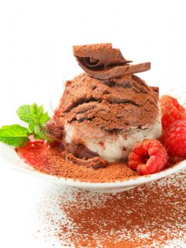 Vanilla chocolate ice cream with raspberries sprinkled with cocoa powder