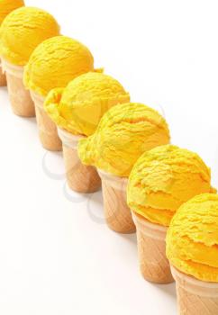 Yellow ice cream cones arranged in a row