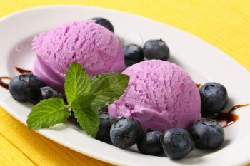 Scoops of blueberry ice cream with fresh berries