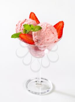 Scoops of strawberry ice cream in stemmed glass