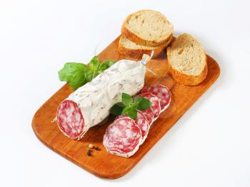 French Saucisson Sec and sliced crispy roll on cutting board