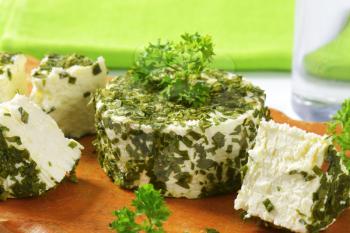 fresh cheese coated in chives and garlic