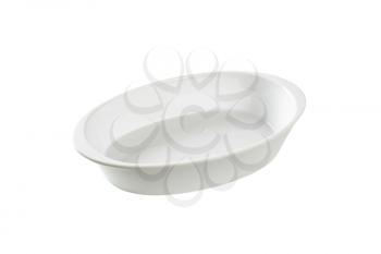 Empty deep oval porcelain dish isolated on white